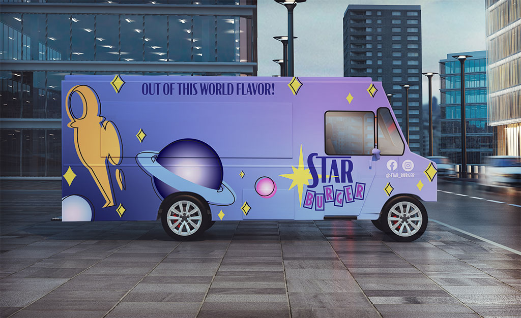 A food truck for Star Burger parked in a busy city. The truck, which has a purple to blue gradients all over, has the company logo and the statement "Out of this world flavor!" The company socials as well as graphics of stars, planets, and an astronaut can be seen.